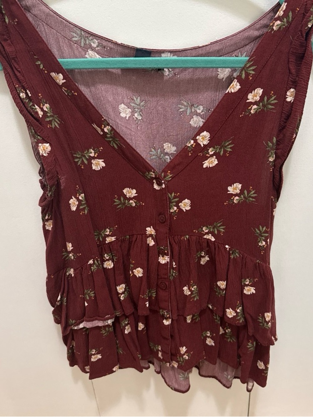 American Eagle Outfitters Burgundy Floral V-Neck Ruffle Peplum Top